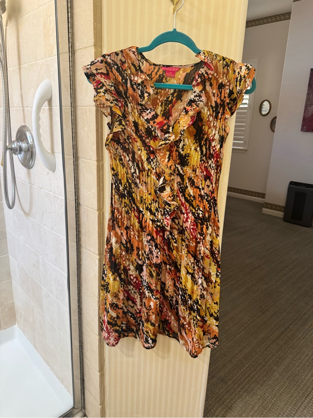 Sunny Leigh Yellow Orange Multi‑Print Ruffled Mini Dress